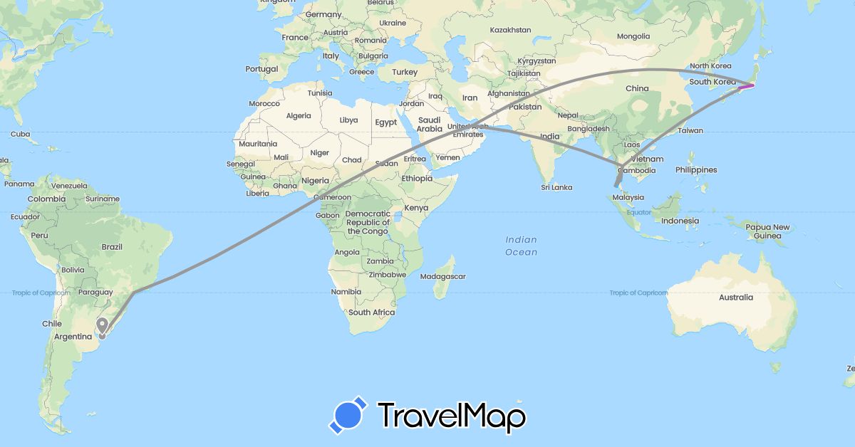 TravelMap itinerary: plane, train, boat in United Arab Emirates, Brazil, Japan, Thailand, Uruguay (Asia, South America)